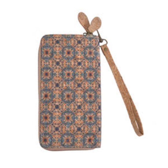 Handbags - Light Khaki and Floral Pattern Two Zipper Cork Wallet